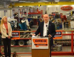 Republican gubernatorial candidate Greg Gianforte addresses a crowd of supporters, and reporters, on Wednesday at Peterbilt in Lockwood. (Jonathan McNiven photo)