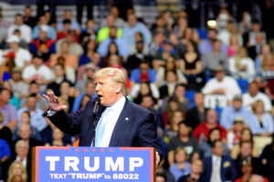 Presidential Candidate Donald Trump talks here at a campaign rally. Donald Trump is scheduled to visit Billings, MT on Thursday May 26 at MetraPark Arena.