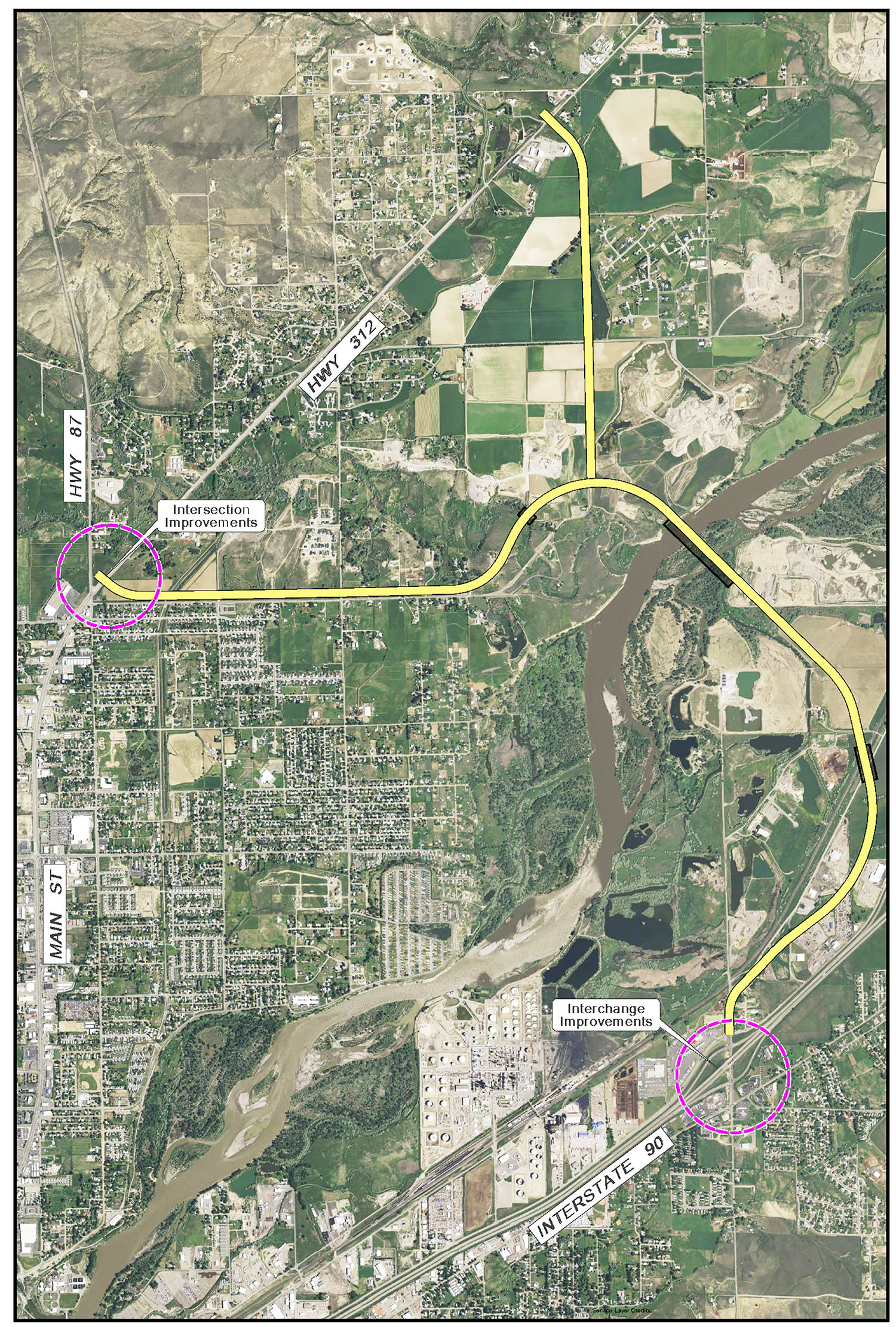 The yellow line in the illustration shows the intended route of the Billings Bypass, which could begin construction in 2019. (Courtesy image)