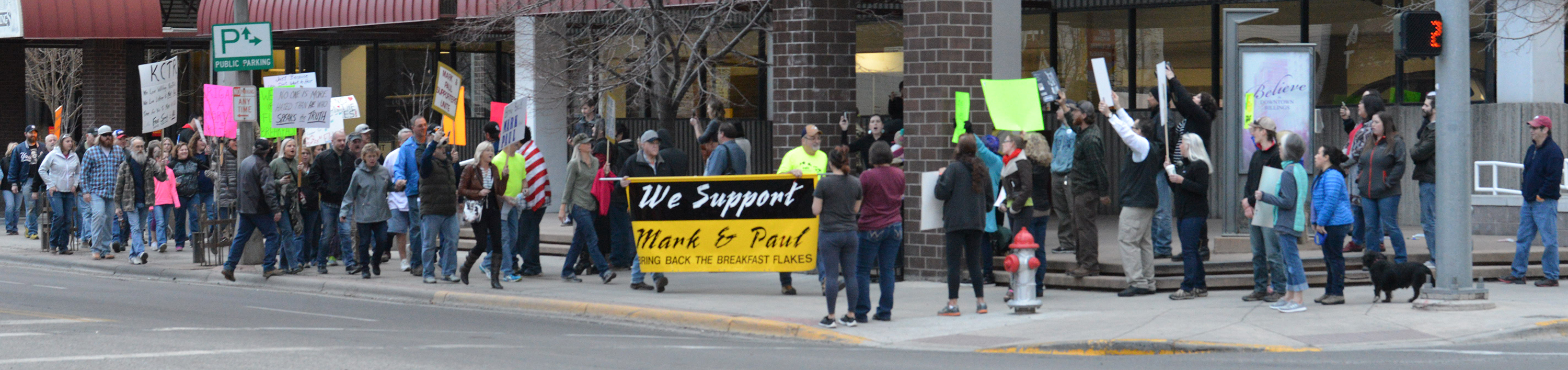 Supporters of Cat Country radio DJ Paul Mushaben start their march from KTVQ2 past Billings Gazette to the Double Tree Hotel in their 2nd rally in a week. (Jonathan McNiven Photo)