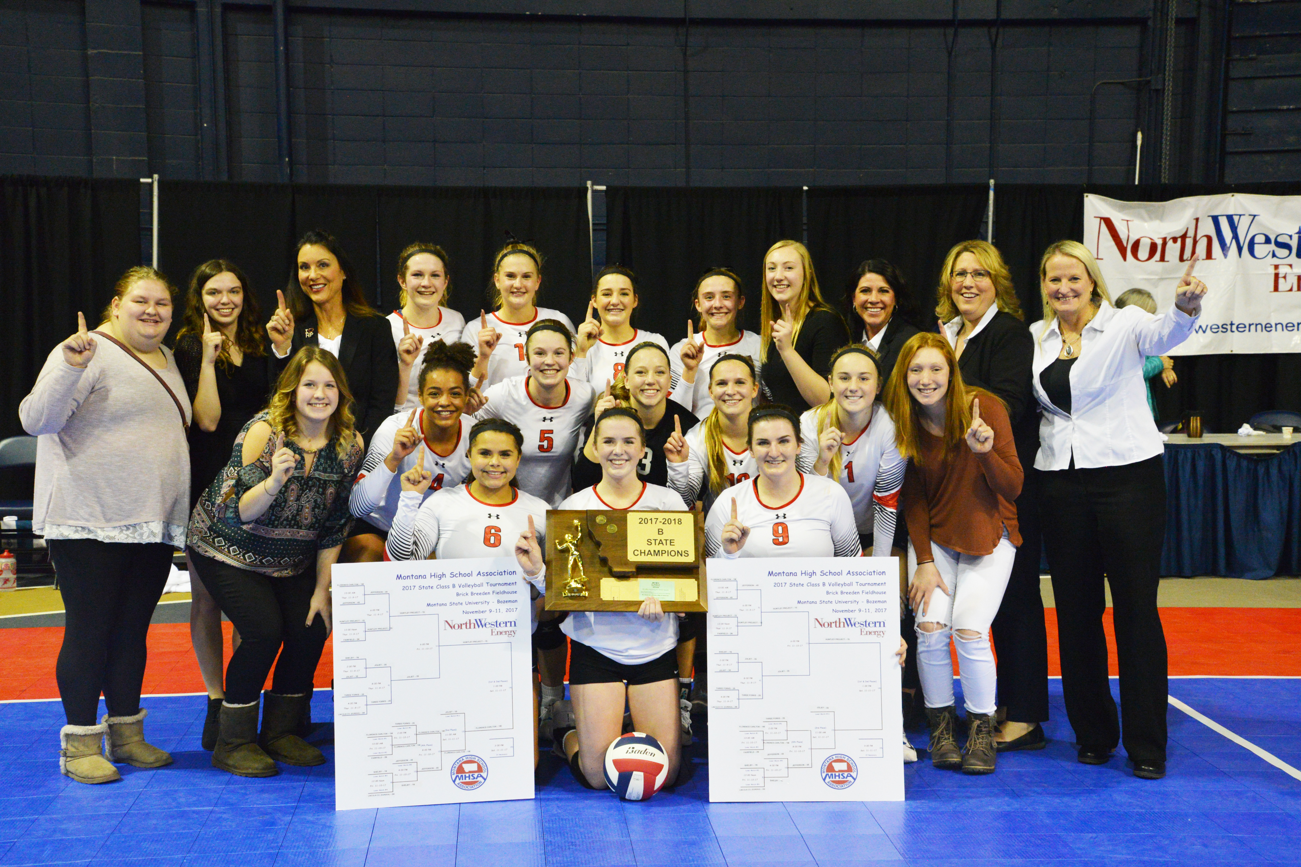 Huntley Project poses with their trophy after winning the state Class B tournament Saturday afternoon at the Brick Breeden Field House in Bozeman. (Jonathan McNiven photo)