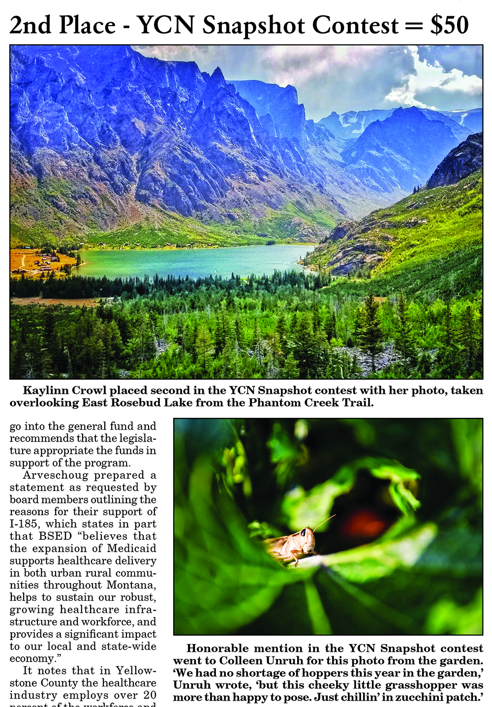Kaylinn Crowl placed second in the YCN Snapshot contest with her photo, taken overlooking East Rosebud Lake from the Phantom Creek Trail.