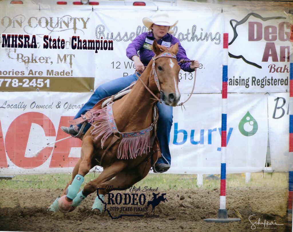 Bella Fossum on her horse flying through the poles on her way to winning the State Champion Pole Bending title. (Courtesy Photo)