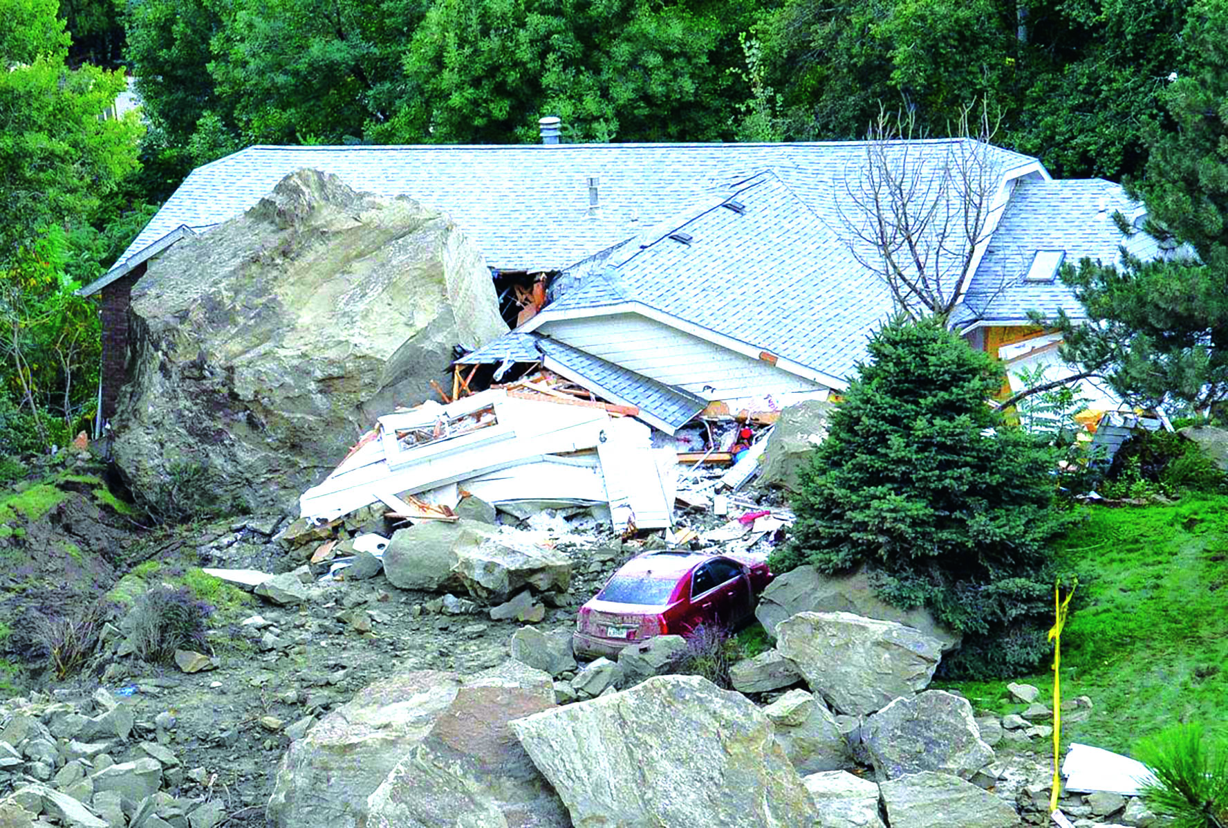 Boulders falling from the Rims smashed into a home on Laredo Place in Billings, prompting a temporary evacuation of the surrounding houses. The homeowner was thankfully not injured in the rockslide.