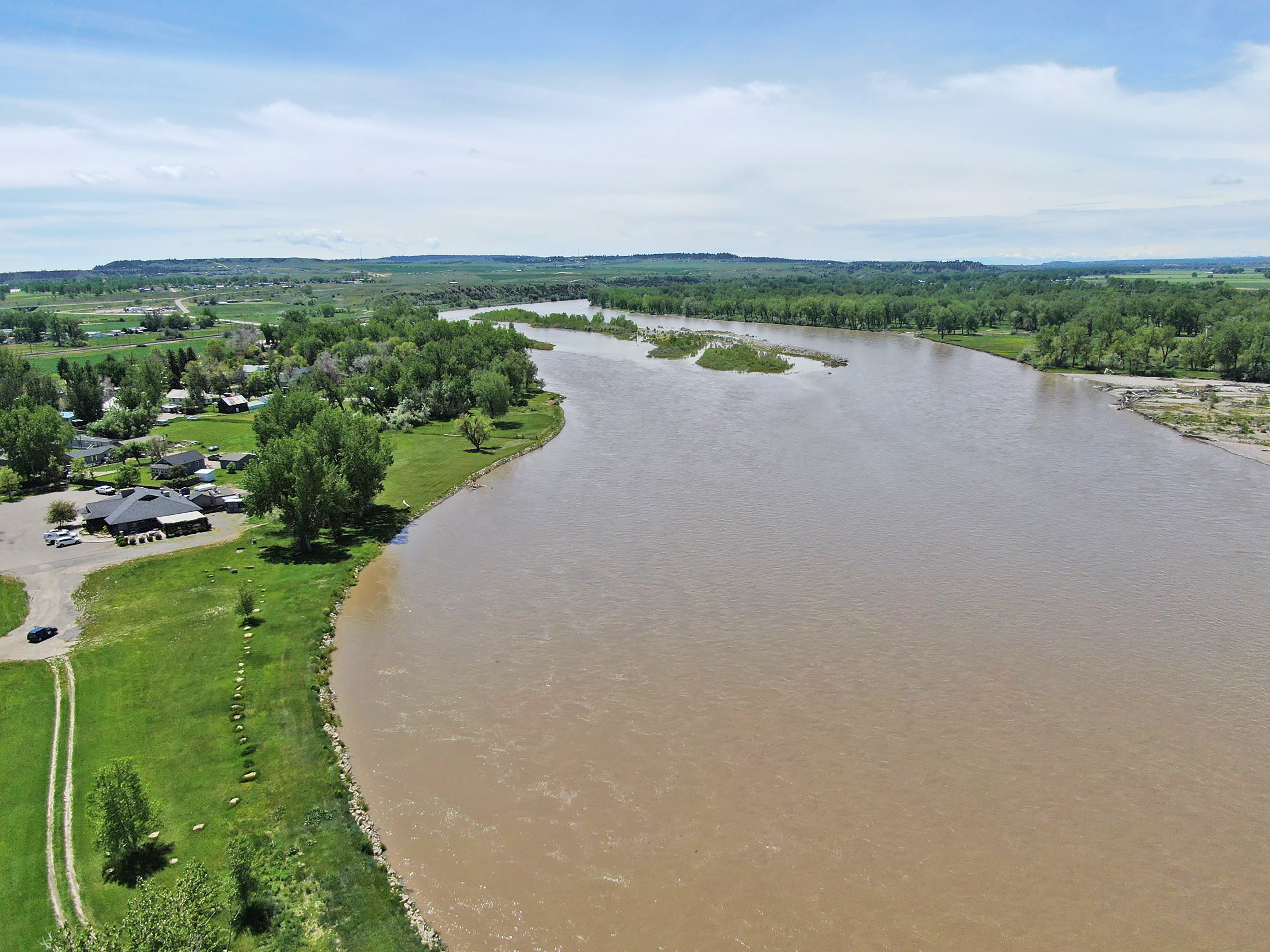 This drone image was taken 6/8/22 of Cowboys Bar and Restaurant in Huntley when the Yellowstone River was still in its banks before flooding started to occur. (Drone image by Jonathan McNiven)