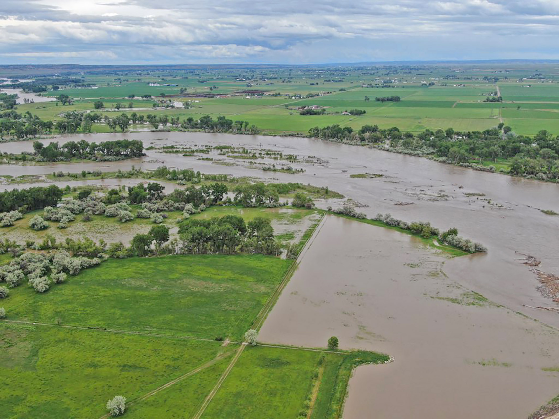 The Yellowstone River is running out of its banks in this 6/13/22 drone image near Shepherd at Arrow Island. More Drone images at end of story. (Drone image by Jonathan McNiven)
