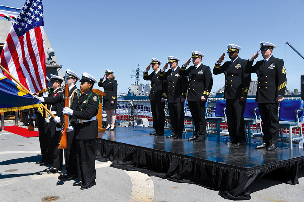 Officers of the U.S. Navy and USS Billings LCS-15 begin the change of command ceremony aboard the ship at Naval Station Mayport in Jacksonville, Florida. (Photo by Larry French)