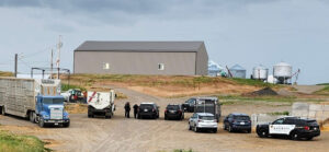 Six Yellowstone County Deputy cars, a brand inspector and a cattle pot sit in the driveway at Steve Sian’s feedlot after confronting Charlie Holden and Steve Sian. (courtesy photo)