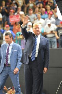 President Trump waves to the crowd at a rally in Billings on September 6, 2018 (Photo by Jonathan McNiven)