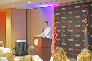 U.S. Sen. Tom Cotton addresses the crowd at a meet-and-greet event in support of Tim Sheehy at the Northern Hotel in Billings on September 4, 2024 (photo by Evan Hood)